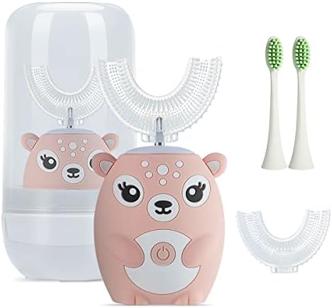 JIANLEJIA Kids Toothbrush Electric,U Shaped Ultrasonic Automatic Toothbrush with 4 Brush Heads,Six Cleaning Modes,Cartoon Modeling Design,Special for Birthday Gift (Pink,7-14Y)1 Count(Pack of 1)