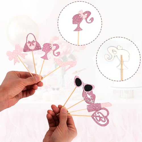 Biendo 6903460 32 Pcs Glitter Pink Princess Cupcake Toppers Girl Cupcake Picks Handbag Glasses Bow Tie Lipstick High Heel Cake Decorations thumb #4