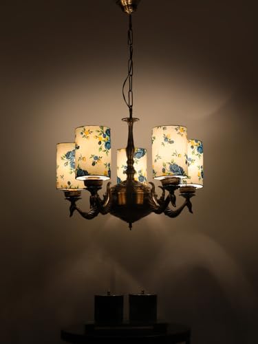 Image of Devansh 05-Light Round Printed Multicolor Cotton Shade Chandelier - Antique Golden Finish | Adjustable Cord | Warm Glow Lamp - Ceiling Light for Living Room, Dining Area, BedroomDecor - D11