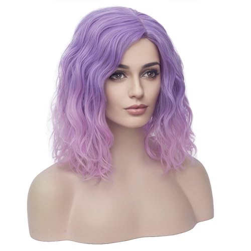 Image of BERON 14 inch Women Girls Colored Short Curly Bob Wavy Purple Ombre Pink Shoulder Length Wig Body Wave Daily or Cosplay Hair Wigs