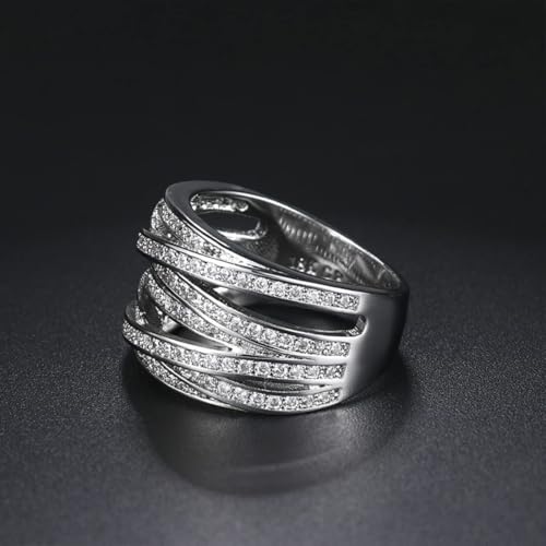 HAIXIAN Sterling Silver Cubic Zirconia Ring, Multi Cross Lines Design, Full Finger Band, Wedding Engagement Jewelry for Women2