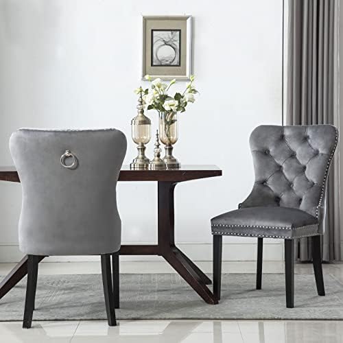 Guyou Upholstered Velvet Dining Chairs Set of 2, Dining Room Chairs Tufted Cushion Back Elegant Victoria Retro Accent Chairs with Solid Wood Legs for Living Room/Kitchen (Dark Gray, with Ring)