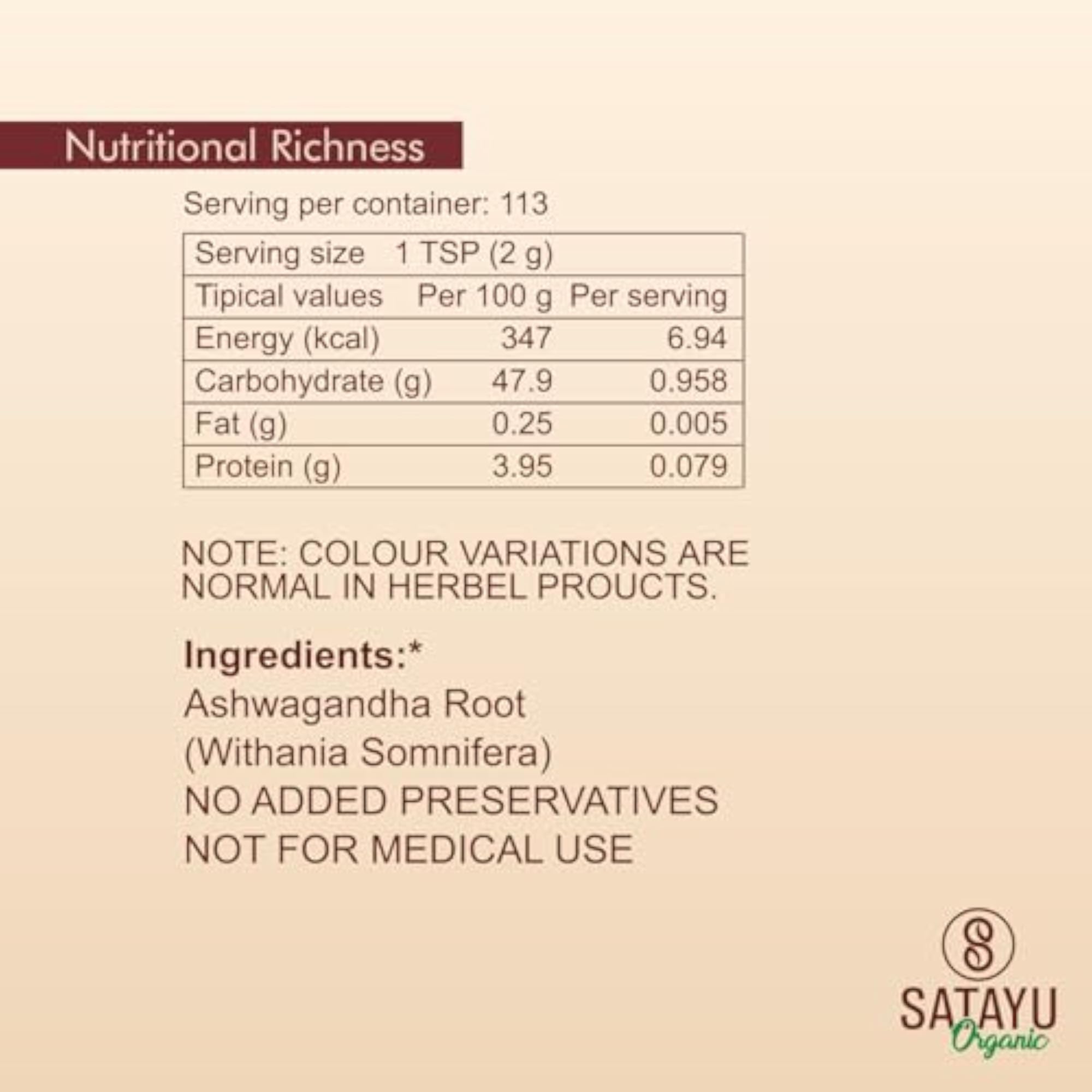 SATAYU ORGANIC Ashwagandha Powder - 250g Root for Stress Relief