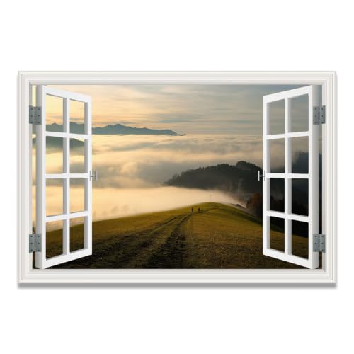 Cuadro lienzo efecto ventana con paisaje de lago que aporta amplitud al dormitorio
