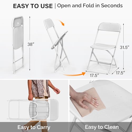 VINGLI 1 Pack White Plastic Folding Chair, Indoor Outdoor Portable Stackable Commercial Seat with Steel Frame 350lb. Capacity for Events Office Wedding Party Picnic Kitchen Dining