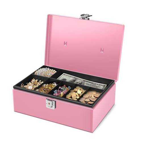 Flexzion Cash Box with Money Tray and Lock - Metal Money Box for Cash Storage with Secure Latch Lock & Key - Pink Petty Cash Box with 7 Compartment Money Tray for Small Businesses, 11x7.7x3.5 Inches