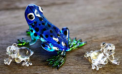 Changthai Design Tiny 2½" Long Dark Blue Black Dots Frog Figurine - Miniature Hand Blown Glass Colorful Poison Dart Frogs Amphibian Tropical Animals Crystal Decorative Collectible Figurines Home Décor #TOP2