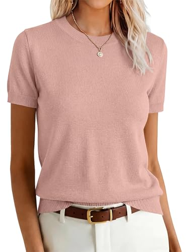 Image of ANRABESS Womens Short Sleeve Sweaters Wool Blend Crew Neck Sweater Shirts Business Casual Work Tops 2026 Summer Outfits