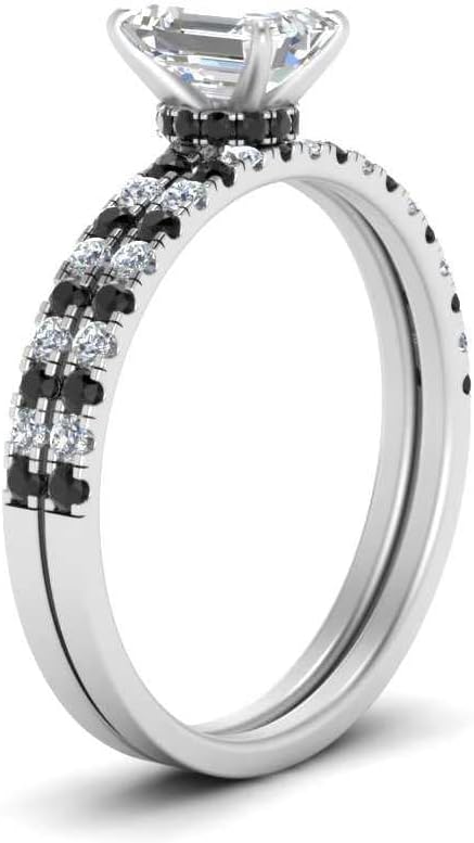 Hidden Halo Half Way Wedding Ring Set Sterling Silver Natural Black Onyx Emerald Shape Black Color Wedding Ring Sets Prong Setting in Size 8 Handcraft Chakra Healing