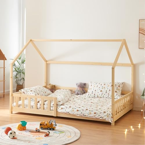 [en.casa] Kinderbett Hesel Hausbett Holzoptik 120 x 200 cm mit Rausfallschutz und Lattenrost Montessori Bodenbett Jugendbett Holzbett
