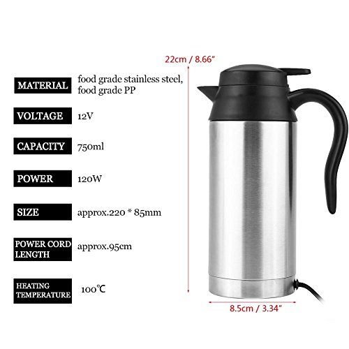 Tetera eléctrica 12V de acero inoxidable 750ml para auto miniatura 6