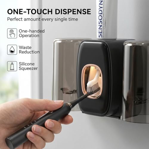Image of COMFYHOME Tooth Brush Holder Bathroom, Automatic Toothpaste Dispenser, Self Adhesive Brush Stand for Bathroom Wall, Toothbrush Organizer with 2 Mouthwash Cups, 4 Slots Wall Mount Toothbrush Holders