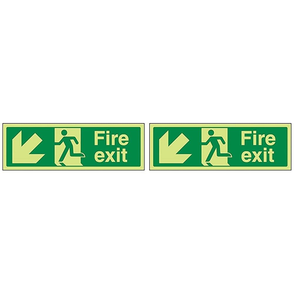 VSafety Glow In The Dark Fire Exit Arrow Down Left Sign - 300mm x 100mm - Rigid Plastic (Pack of 2)