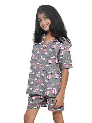 Image of Girls Premium Cotton Full Sleeves Printed Nightsuit Set | Collar Style Night Dress for Girls | Soft & Breathable Pajama Set | Trendy Kids Sleepwear & Nightwear