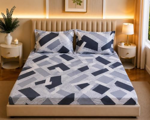 Image of Castiqa Elastic Fitted Supersoft Premium Polycotton 200TC Double Bedsheets King Size 78x72 Inch with 2 Pillow Covers (Fits Upto Mattress of 8Inches) (Multicolor IV)