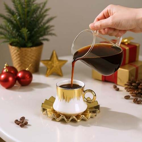 Hebaogugu Coffee Cup Set of 6 with Saucers, 3.5 OZ Ceramic Espresso Cups, Deco Gold Trim Coffee Cup Gift for Cappuccino, Latte, Cafe Mocha and Tea, Dishwasher & Microwave Safe (White and Gold)