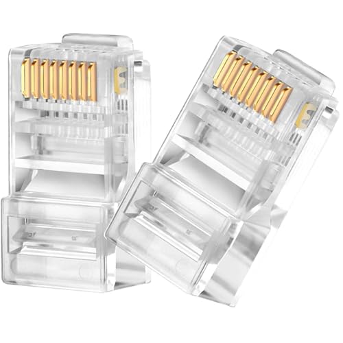 Image of higadget Cat6 RJ45 Connector Ends (100Pc), 8P8C RJ45 Ends for Cat5, Cat5e, Cat6 Ethernet Cables - UTP LAN Cable Crimp Connectors for Solid Wire & Stranded Cable - Network Plug Module (Pack of 100)