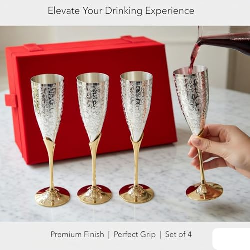 Image of DSH CRAFTING YOUR CURIOSITY Silver Plated Wine Glass Set of 4 Champagne Glass Flute Design | Goblet Glass Best For Parties, 200 ML
