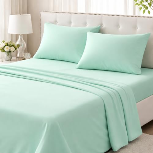 Image of Queen Size Bed Sheet - 600 Thread Count Single Flat Sheet Only - Long Staple Egyptian Cotton Top Sheet Wrinkle & Fade Resistant - Aqua Blue