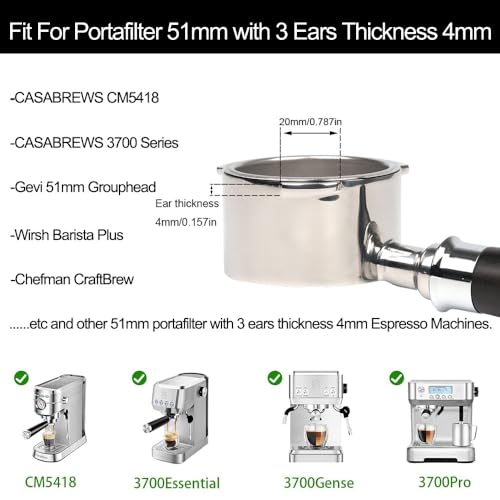 Image of CAPFEI 51mm Bottomless Portafilter 3 Ears Compatible with CASABREWS CM5418, 3700 Series, Wrish, Gevi, QJA Espresso Machine | Prongs Thickness 4mm | Bonus Puck Screen | T Buckle Black Rosewood Handle