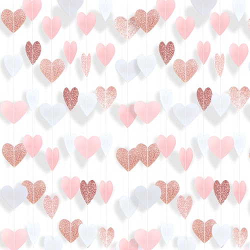 Rose-Gold Pink White Heart Garland Engagement Bachelorette Party Decorations Heart Paper Streamers Banner for Valentines Day Bridal Shower Birthday Anniversary Wedding Party Supplies 52 Feet