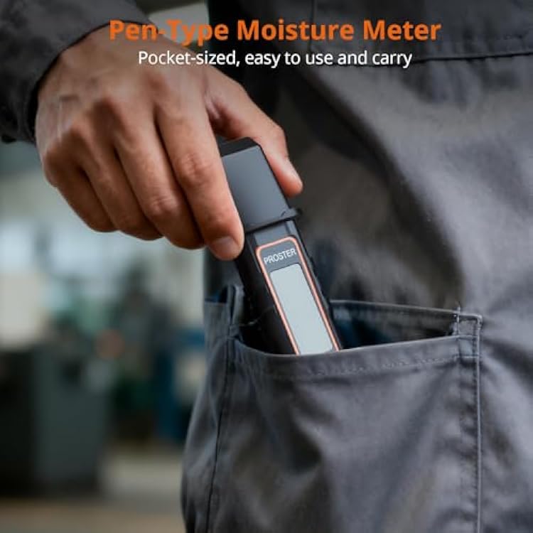 Proster Pocket Wood Moisture Meter with Detachable Pins - 7 Material Settings, Temperature Gauge (C/F), Data Hold for Woodworking, Flooring, Lumber, Building Materials