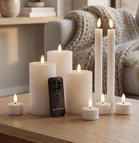 Nordic Flame 10er-Set LED Kerzen Weiß mit Fernbedienung kompatibel mit Deluxe Homeart Echtwachs LED-Kerzenset mit 3D-Flamme & Timer für Innenbereich