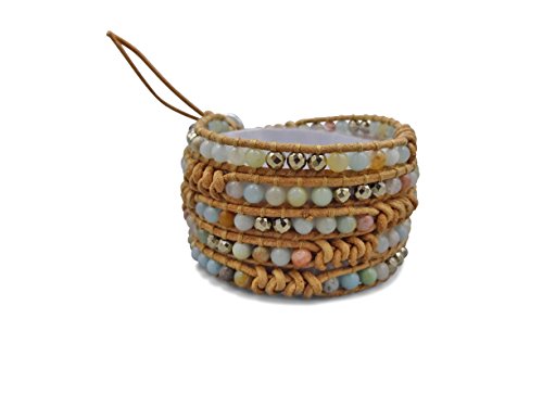 Mgr My Gems Rock! Multi-Layer Hand Crafted Mix Stone Beaded On Genuine Leather Boho Style Leather Wrap Bracelet Super Wrap Bracelet 35" Long, Up To 5 Wraps-Amazonite And Gold Hematite Mix #TOP23