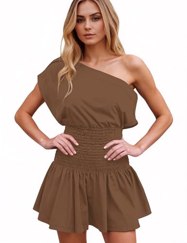 Women Summer One Shoulder Smocked Mini Dress Pleated Ruched Ruffle Hem Flowy Going Out Short Dress4