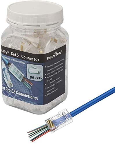 Petechtool Rj45 Cat5 Cat5E Connector 50-Pack - End Pass Through Ethernet 8P8C Goldplated Modular Plug #TOP2