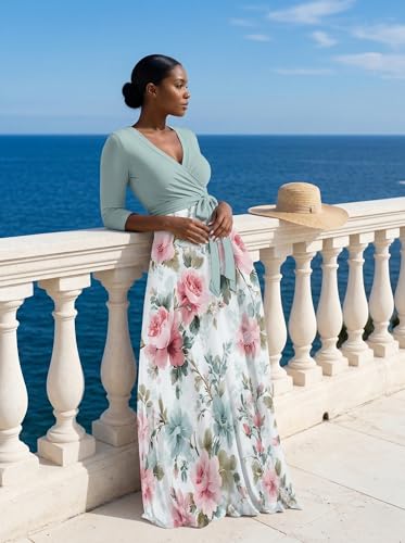 Image of PinkPatty Plus Size Maxi Dress for Women Casual V Neck 3 /4 Sleeve Boho Printed Long Dress with Pockets