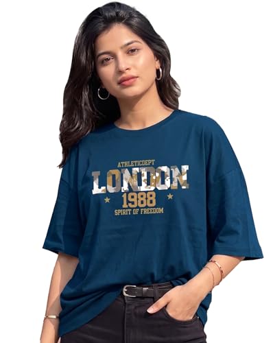 Image of Women's Typography Round Neck Cotton-Blend T-Shirts, Oversized Drop Shoulder Boho Style T-Shirt