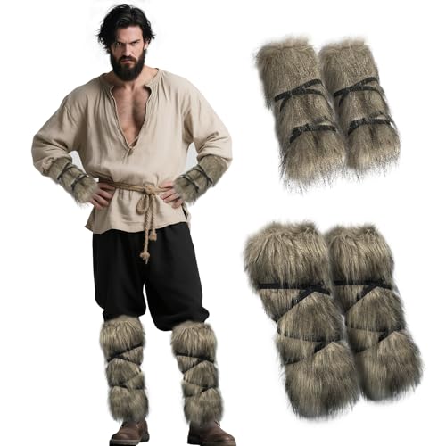 EpicCos Viking Faux Fur Leg Wraps Arm Warmers, Medieval Bracers Cosplay, Hand & Boots Covers Barbarian Costume for Ren Faire(Brown A)