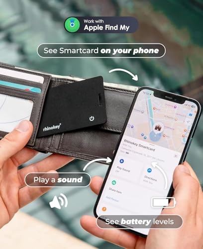 Image of Rhinokey Apple MFi Certified Wallet Tracker Card Works with Apple Find My (iOS Only) Slim 0.07in Rechargeable IP68 Waterproof Tracker Item Finder Credit Card Tracker with Keychain Hole for Luggage