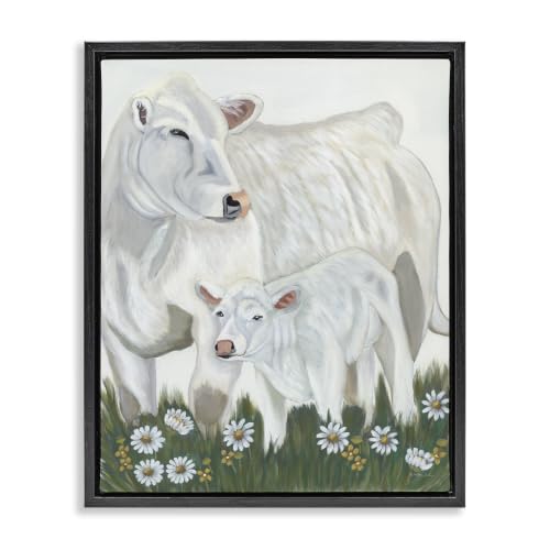 'White Cattle Family Mother Baby Calf Daisy'| Floating Frame Canvas Art