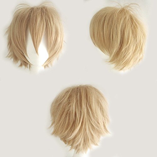 Blonde Cosplay Wig Short 20 Styles Anime Synthetic Wig with Bangs Layered Fluffy Hair Oblique Fringe Full Head Unisex +Stretchable Elastic Wig Net for Man and Women Girls Lady (Linen Blonde)