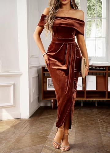 Off The Shoulder Vintage Velvet Bodycon Midi Dress for Women Wrap Slit Elegant Cocktail Party Evening Pencil Dress2