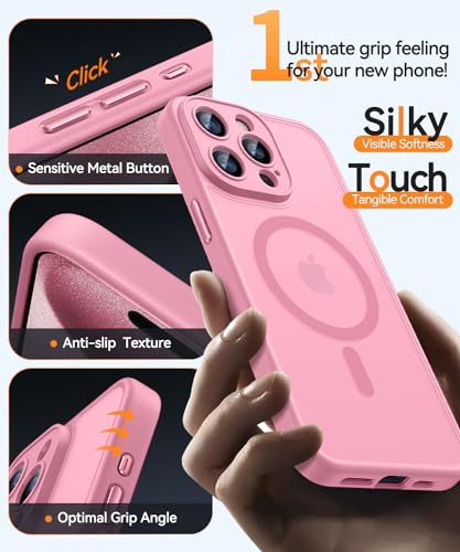 Image of CANSHN Magnetic Compatible with iPhone 15 Pro Max Case, Upgraded [Full Camera Protection] [Compatible with Magsafe] [Translucent Matte] Shockproof Protective Phone Case Cover 6.7 Inch - Pink