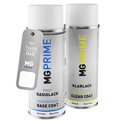 MG PRIME Autolack Sprühdosen Set für Toyota 040 Super White 2 / Schneeweiss Basislack Klarlack Spraydose 400ml