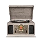 Crosley CR7011A-GY McQueen Entertainment Center with Bluetooth, AM/FM Radio, CD Player, Cassette Deck, and Aux-in, Gray