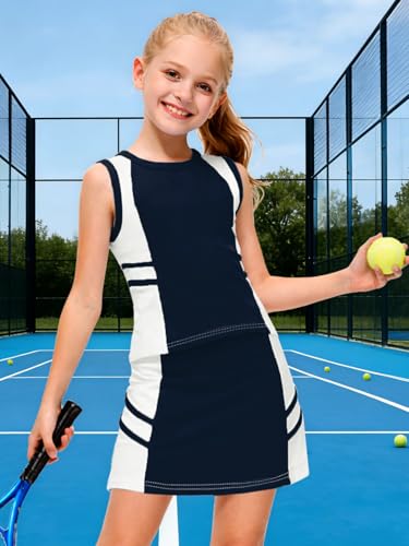 Image of AOBUTE Girls Tennis Golf Outfit Tank Top and Skirt with Shorts Set 4-12 Years