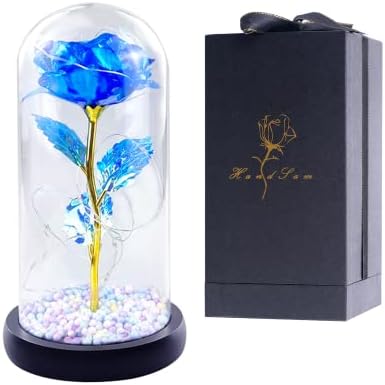 Handsam Glass Rose Flower Gift for Women-Blue Artificial Flower Rose in Glass Dome with Adjustable LED -Romantic Galaxy Rose Flower Gifts for Valentine's Day
