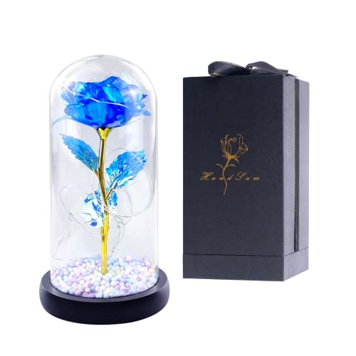 Handsam Glass Rose Flower Gift For Women-Blue Artificial Flower Rose In Glass Dome With Adjustable Led -Romantic Galaxy Rose Flower Gifts For Valentine's Day #TOP28