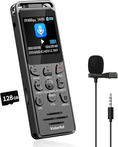 144GB Diktiergerät Digital 70 Std Aufnahmegerät, Volorful 1,44' Farbbildschirm Voice Audio Recorder, MP3 Player, Mikrofon, USB-C Diktiergeräte mit Spracherkennung für Meeting Interview Vortrag