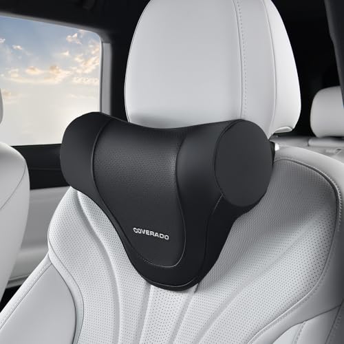 Image of Coverado Car Headrest Pillow, Ergonomic Memory Foam Car Neck Pillow for Driving Seat with Adjustable Strap, Soft PU Leather Breathable Removable Cover Neck Support for Neck Pain Relief