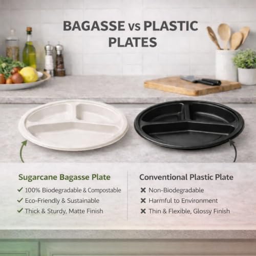 Image of Eco Aaroyaa 9-Inch Bagasse 3-Compartment Plates - Eco-Friendly Disposable Sugarcane Plates, Strong Oil & Water Resistant Section Plates for Meals, Parties, Catering, Events & Food Serving (Pack of 25)