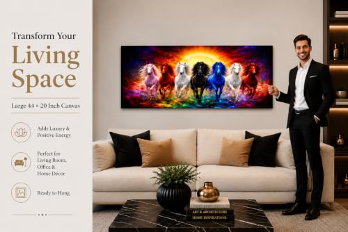 Image of 7 Horse Vastu Sunrise Canvas Painting | Positive Energy Wall Decor | Big Size Premium Running Horses Artwork for Home, Office & Hall Decoration (Modern, Galaxy Horse, 44x20 Inch)