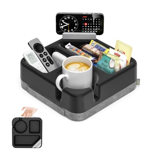 Couch Cup Holder Tray Couch Cup Holder Pillow Soft Sofa Caddy Drink Holder with 3 Compartments &Removable 360Swivel Phone Stand Portable Bed Snack Caddy Pillow with Handle for Tablet Controller Grey