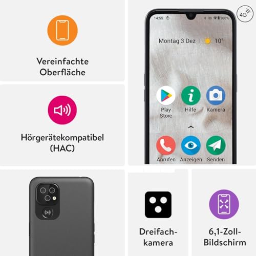 Doro - 8100-4G-Smartphone für Senioren - Ohne Vertrag - 6.1'' Display - Notruftaste mit GPS - Dreifachkamera - Spritzwassergeschützt - Gesichtserkennung - Schwarz