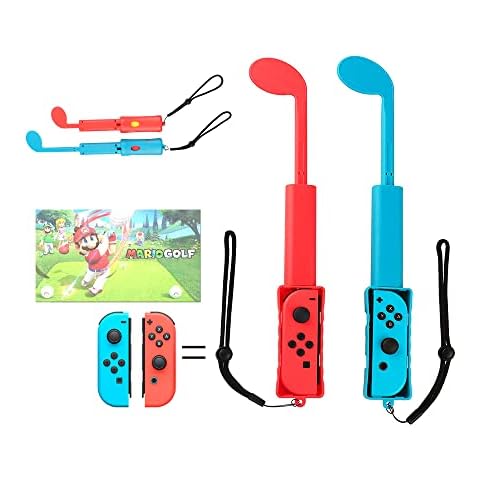 Winkinfly Blue and Red Golf Clubs Compatible with Nintendo Switch/Switch OLED Joy-Cons Controller, for Mario Golf: Super Rush Golf Handle Grips Game Cover